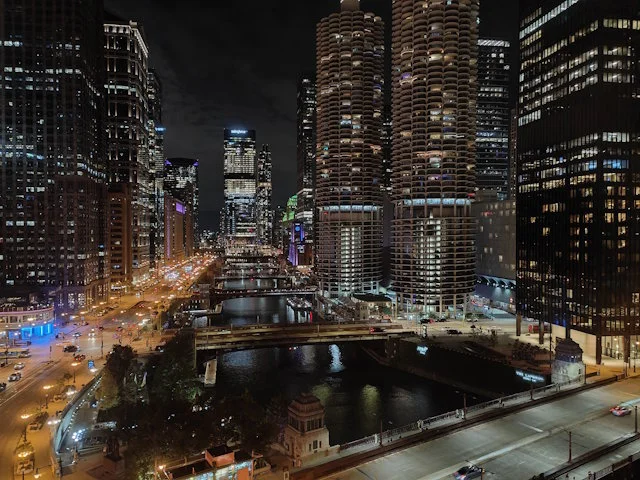 The Chicago River and downtown Chicago at night